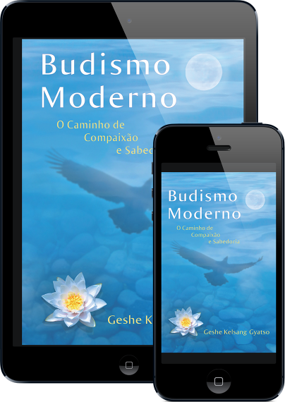 Imagem do ebook Budismo Moderno na tela de um iPad e de um iPhone.